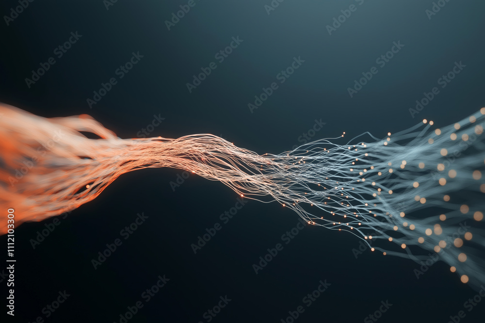 Dynamic flow of interconnected orange and white particles on a dark background, symbolizing data transmission and technological innovation Dynamic flow of interconnected orange and white particles on a dark background, symbolizing data transmission and technological innovation