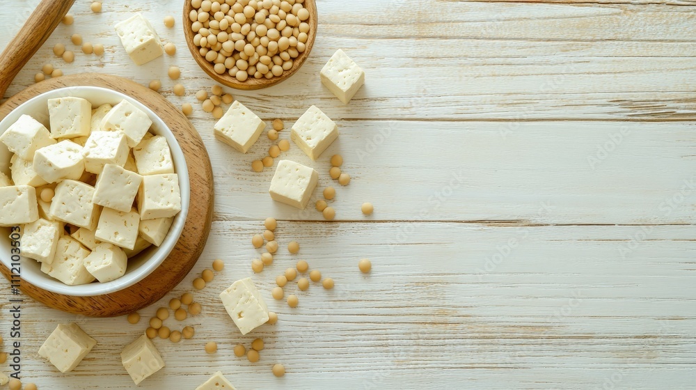 Fototapeta premium Fresh Soybean Curd on Wooden Surface with Soybeans and Utensils