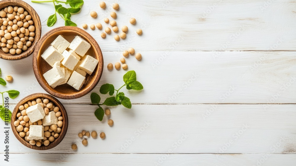 Fresh Soybeans and Cubes of Tofu on Rustic Wooden Table Fresh Soybeans and Cubes of Tofu on Rustic Wooden Table