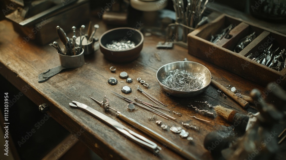 Obraz premium Jewelry Workshop with Tools and Materials on a Rustic Wooden Table