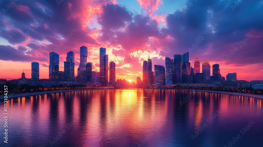 A vibrant sunset over a city skyline reflected in water, creating a serene urban landscape. A vibrant sunset over a city skyline reflected in water, creating a serene urban landscape.