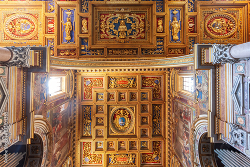 Photography Rome, Italy, July 22 2017, Luxurious Ceiling of the Archbasilica of Saint John L