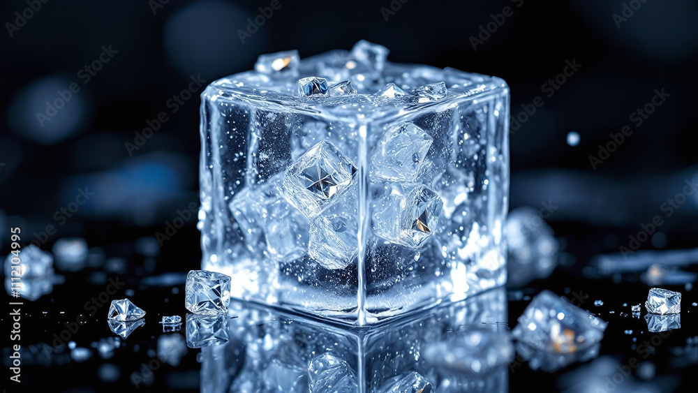 Crystal diamond cubes with water drops convey a refreshing atmosphere against a dark background Crystal diamond cubes with water drops convey a refreshing atmosphere against a dark background