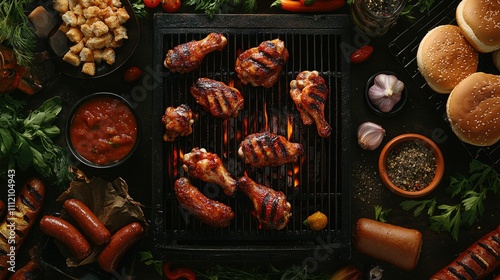 Wallpaper Mural Grilled Chicken Drumsticks and Sausages on BBQ Grill with Vegetables Torontodigital.ca
