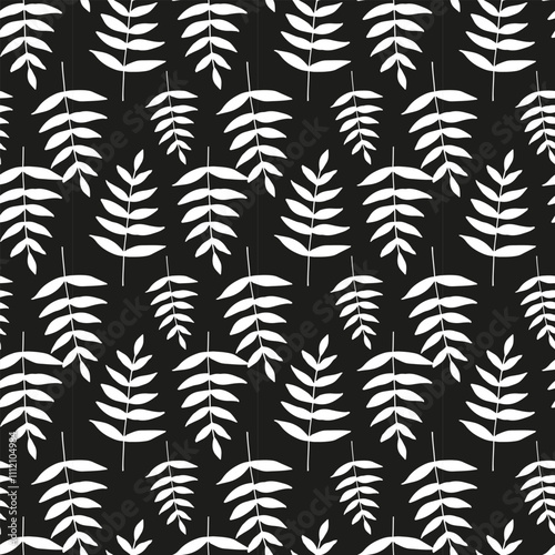 Seamless White Botanical Leaf Pattern on Black Background