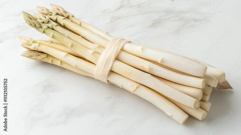 Fresh White Asparagus Bundled on Marble Surface Fresh White Asparagus Bundled on Marble Surface