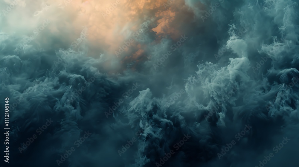 Dark, textured smoke billowing upward, filling a misty smoky background with layers of depth.