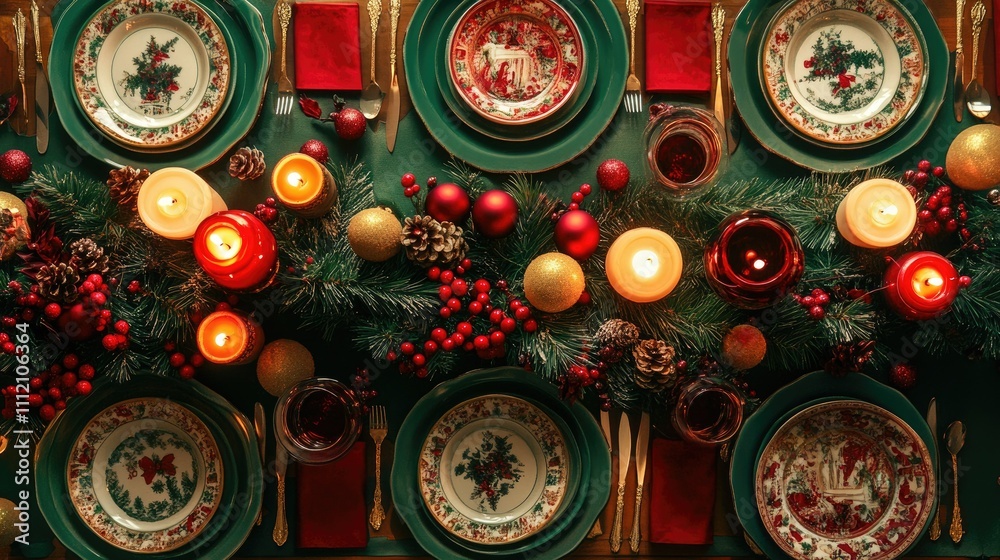 Elegant Holiday Table Setting with Candles and Decorative Accents Elegant Holiday Table Setting with Candles and Decorative Accents