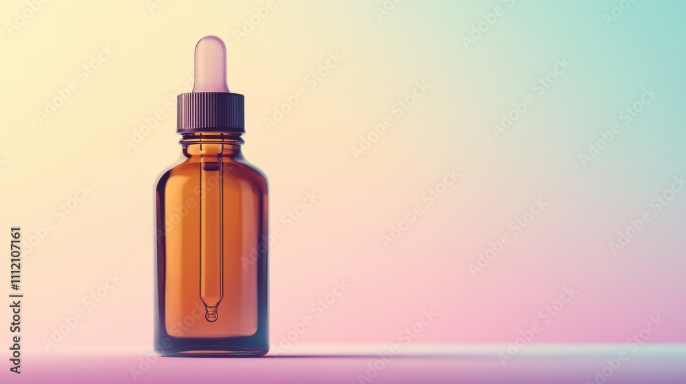 A bottle of organic essential oil in a frosted glass container with a dropper cap, isolated on a soft gradient pastel background, eco-friendly beauty concept, no logos, high detail. A bottle of organic essential oil in a frosted glass container with a dropper cap, isolated on a soft gradient pastel background, eco-friendly beauty concept, no logos, high detail.