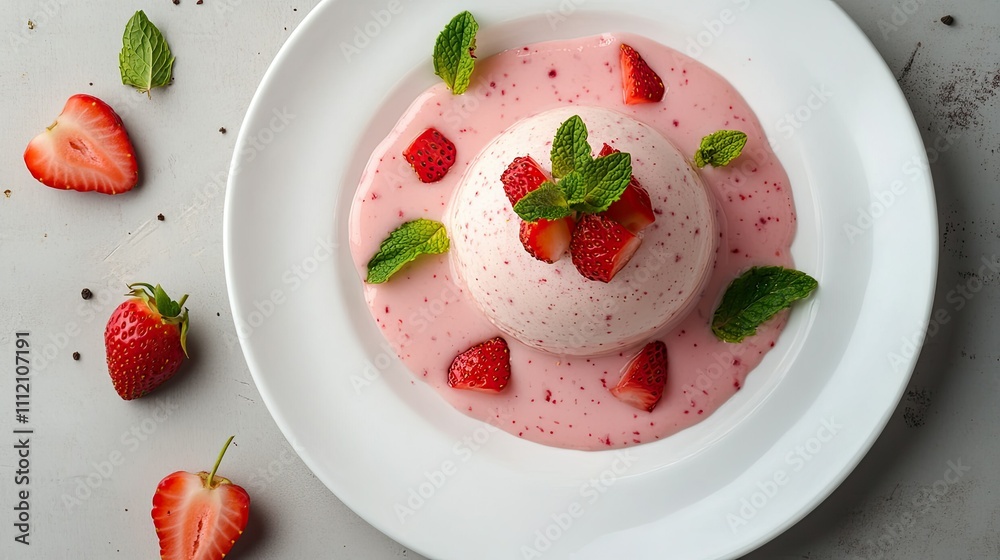 Creamy Strawberry Dessert with Fresh Berries and Mint Garnish Creamy Strawberry Dessert with Fresh Berries and Mint Garnish