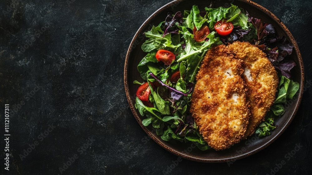 Fototapeta premium Crispy Fried Chicken Breast on Fresh Green Salad with Cherry Tomatoes