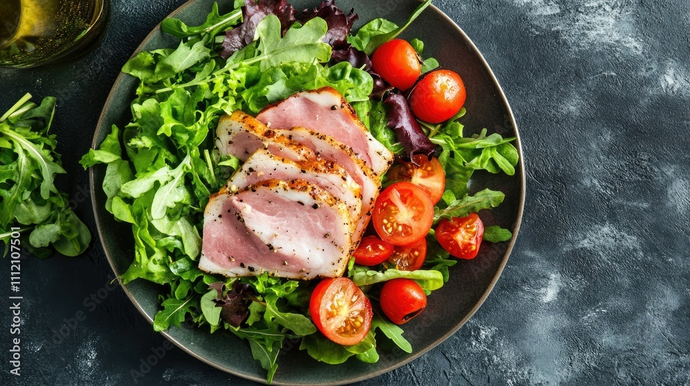 Fresh Salad with Grilled Chicken and Cherry Tomatoes on Plate Fresh Salad with Grilled Chicken and Cherry Tomatoes on Plate