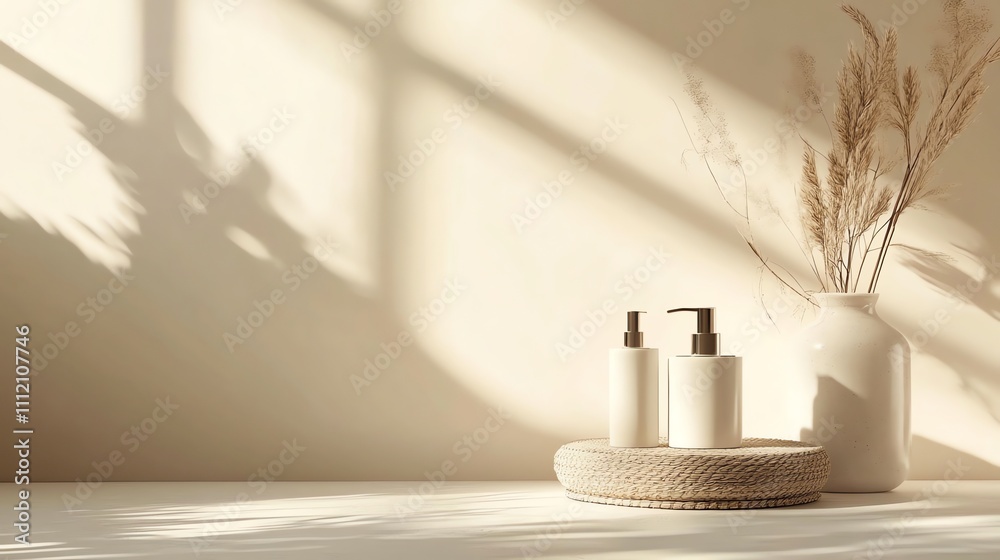 A minimalist room with a large window, two white vases with dried plants, a white lotion bottle, a cream jar, and a white coaster, with soft sunlight streaming in. A minimalist room with a large window, two white vases with dried plants, a white lotion bottle, a cream jar, and a white coaster, with soft sunlight streaming in.