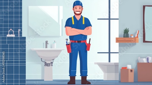 plumbing services. smiling plumber in blue uniform standing in bathroom. banner with copy space photo