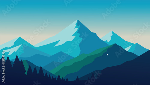  Breathtaking view of a mountain range enveloped in clouds, with verdant trees enhancing the natural scenery flat vector illustration