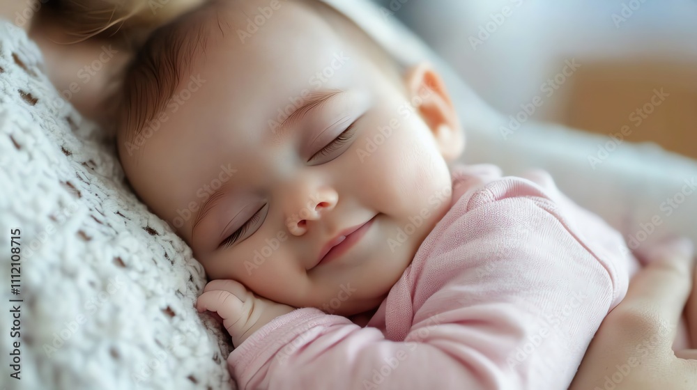 A newborn baby girl sleeps peacefully with a smile on her face. A newborn baby girl sleeps peacefully with a smile on her face.