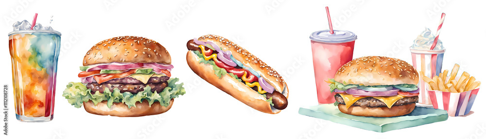 A collection of junk food including a burger, fries, and hot dog painted in watercolor on a white isolated background. 