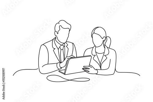 Business partners working on digital tablet Continuous line art flat vector illustration.