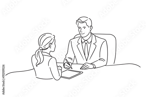  Confident businessman advising couple on finance Continuous line art flat vector illustration.