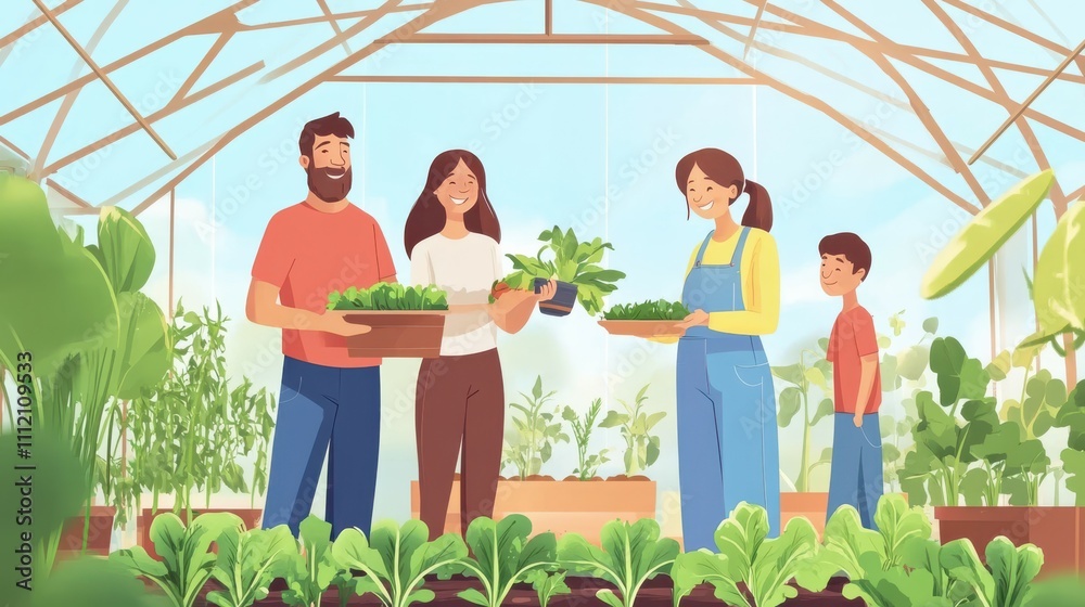 Obraz premium Happy family, generations working together organic farm in greenhouse to grow fresh healthy food