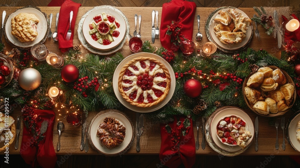 Fototapeta premium Festive Holiday Dinner Table with Delicious Desserts and Candles