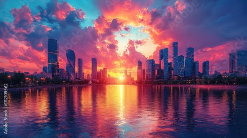 A vibrant sunset over a modern city skyline reflected in calm waters.