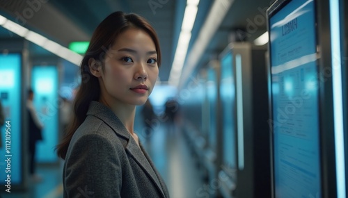 A woman standing in a modern transit station, using a sleek ticket machine with cutting-edge technology.