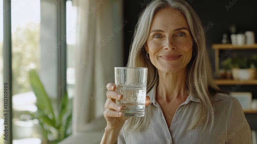 Happy healthy woman of middle age holding glass of water standing at home. Mature 50 years old lady enjoying drinking pure mineral clear water for body hydration. Morning daily hydrating treatment. Happy healthy woman of middle age holding glass of water standing at home. Mature 50 years old lady enjoying drinking pure mineral clear water for body hydration. Morning daily hydrating treatment.