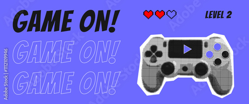 Pop art gaming poster with halftone textured video game controller on purple background. Pixel heart life sign.  Retro playful concept with dotted console, collage design illustration. Vector