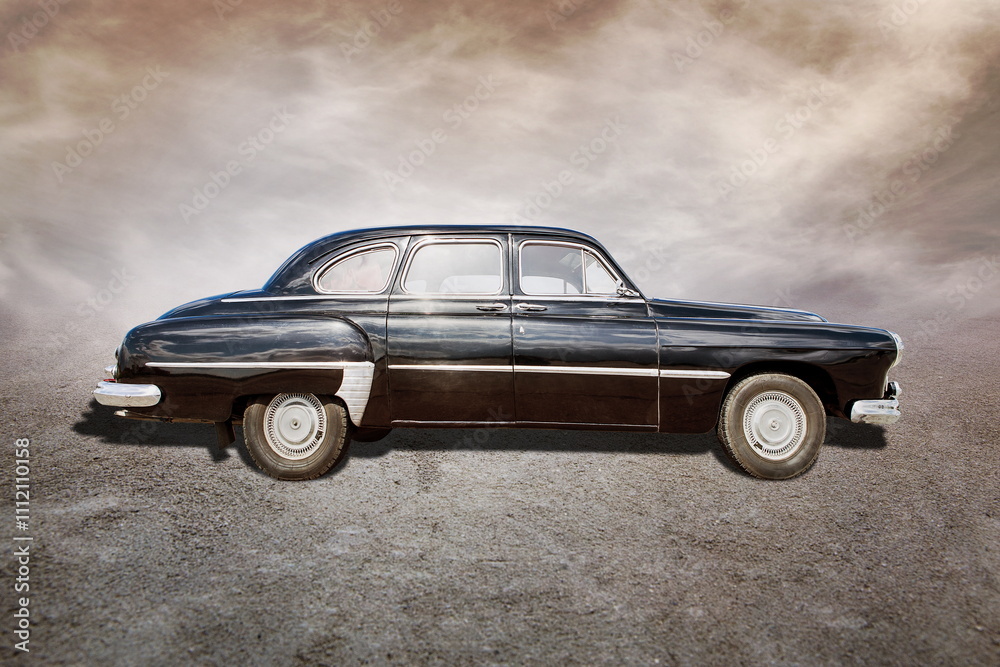 old car stands on sepia clouds background old car stands on sepia clouds background