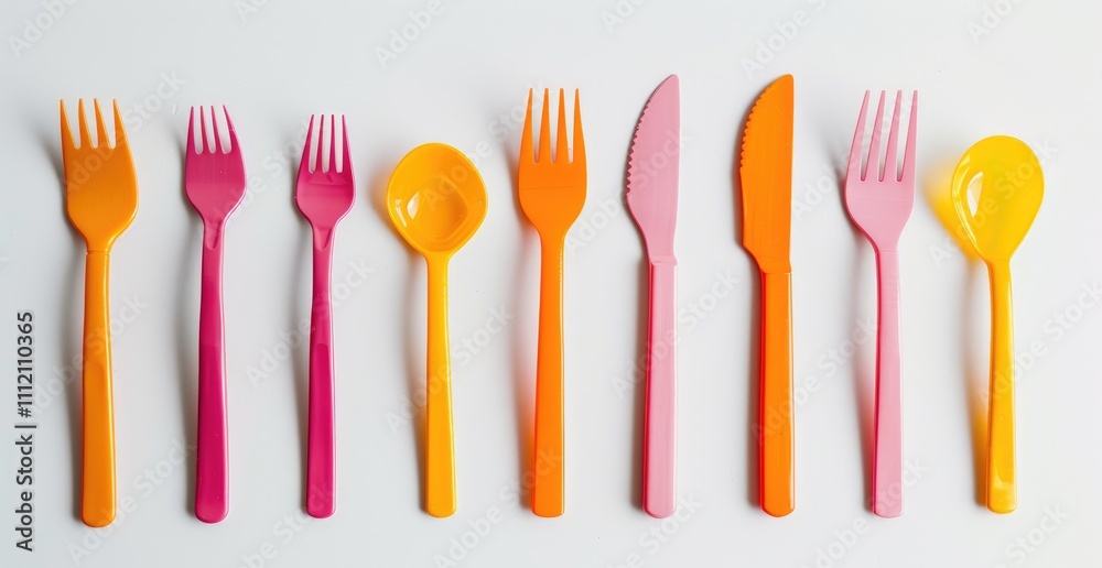 Colorful plastic cutlery set on white background, including knife and fork in pink orange color, spoon and chopsticks in yellow green