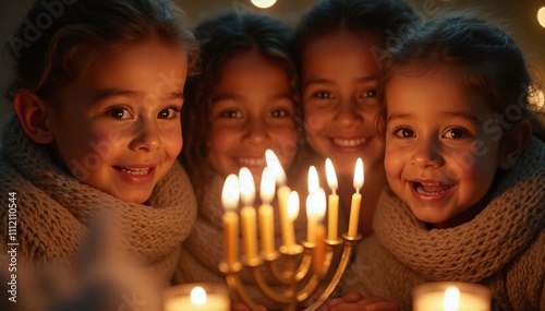 Children joyfully celebrating Hanukkah, gathered around a beautifully lit menorah with glowing candles photo