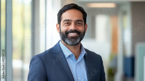 Happy smiling bearded indian business man small business owner, company leader or sales manager, male hispanic ceo executive, successful lawyer looking at camera standing in office, headshot portrait.