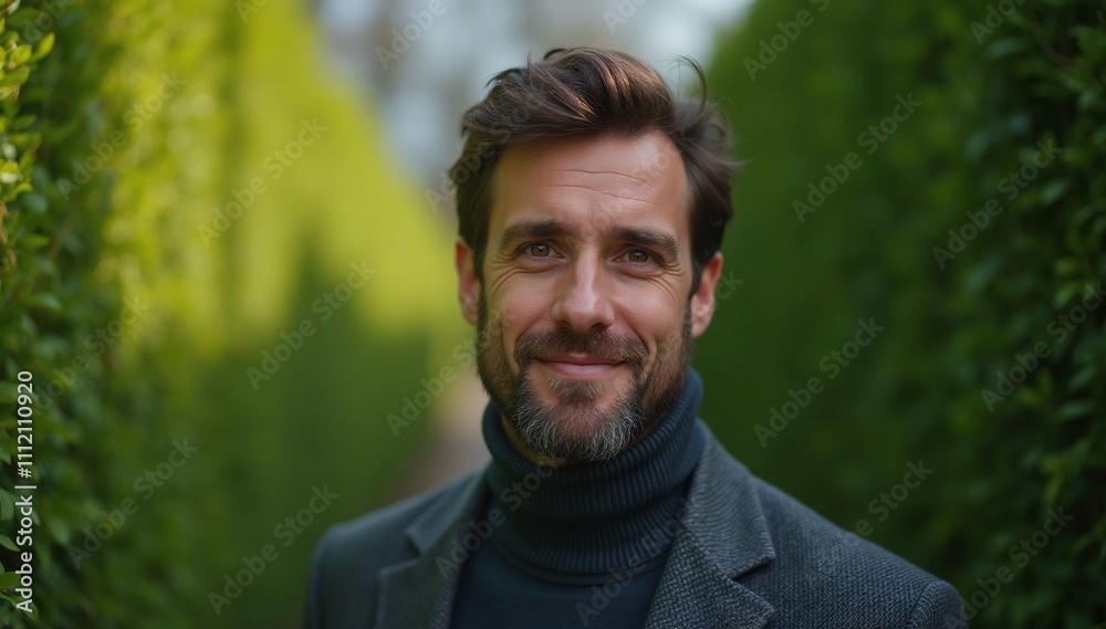 A businessman in casual clothes standing alone in a green hedge maze A businessman in casual clothes standing alone in a green hedge maze