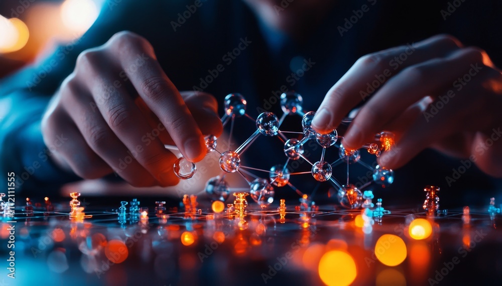Hands manipulating a molecular model with vibrant lights in the background, representing scientific exploration and innovation. Hands manipulating a molecular model with vibrant lights in the background, representing scientific exploration and innovation.