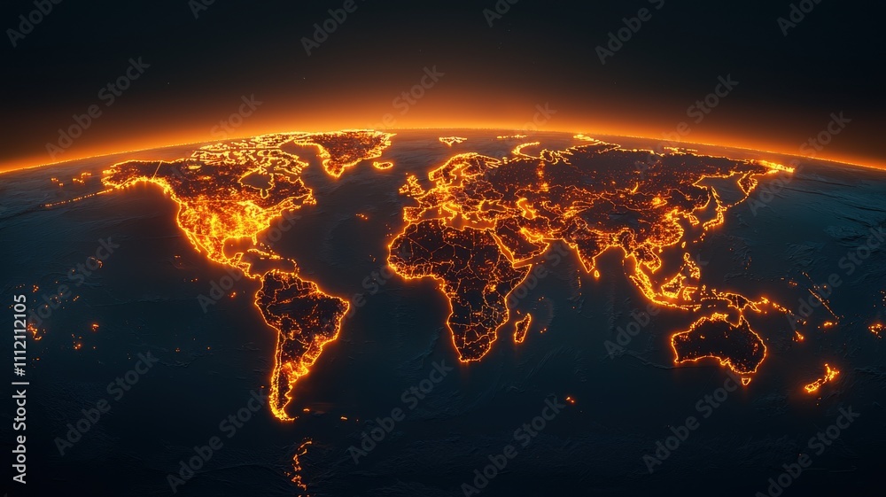 Emphasizing global connectivity and energy concept. A glowing view of Earth from space, showcasing illuminated continents with fiery outlines. Emphasizing global connectivity and energy concept. A glowing view of Earth from space, showcasing illuminated continents with fiery outlines.
