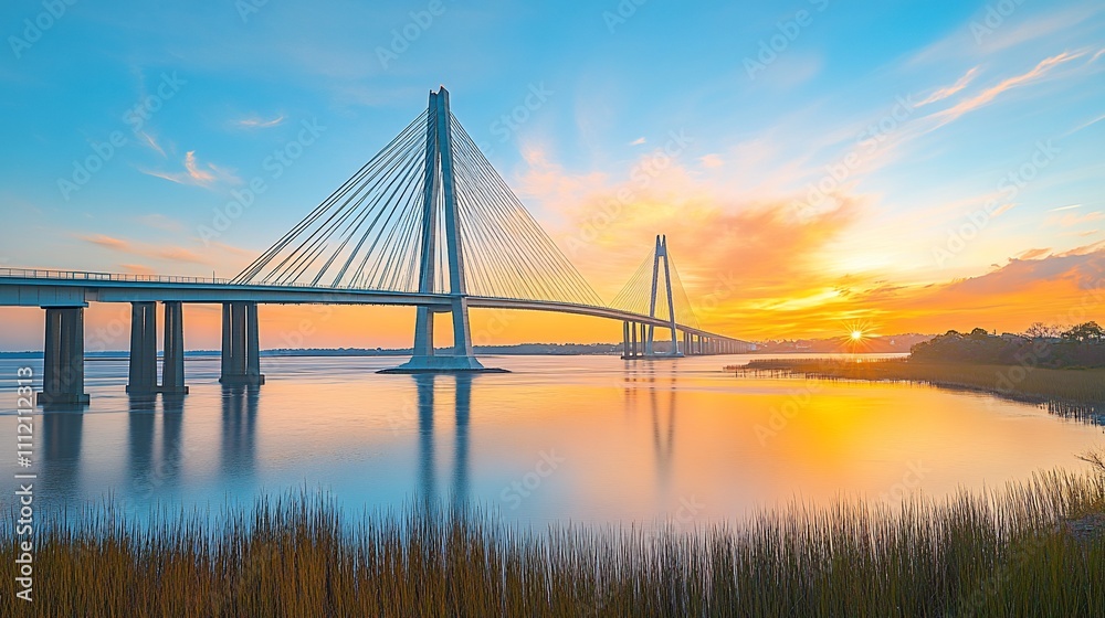 Obraz premium Stunning cable-stayed bridge spanning a tranquil river at sunrise, reflecting vibrant colors in the calm water. Lush greenery lines the riverbank, with a picturesque sunset sky.