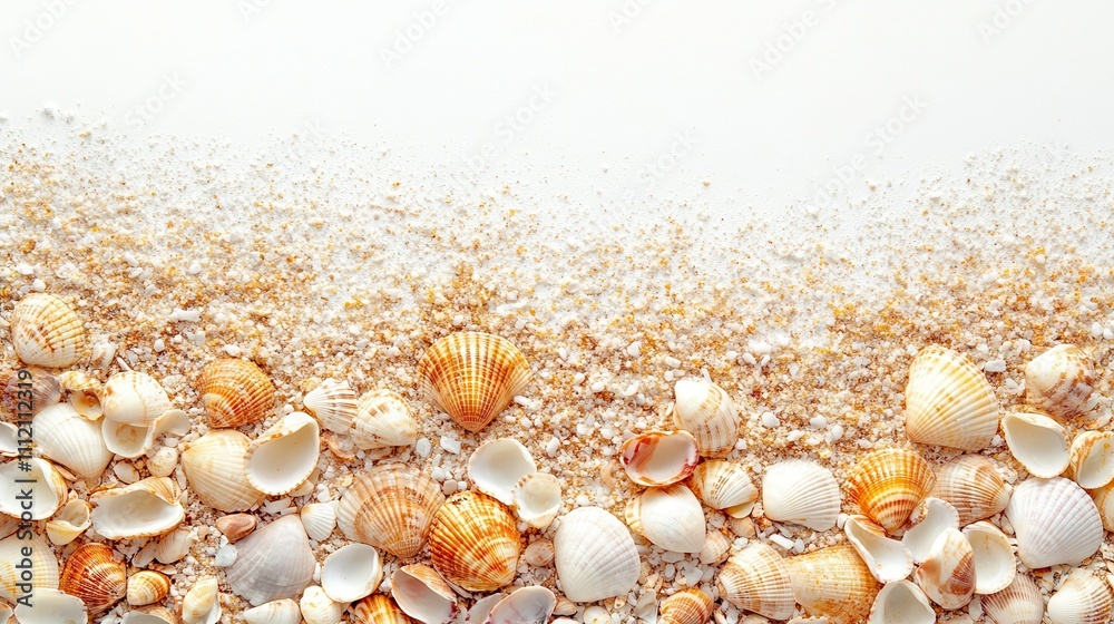 Sand and sea shells beach theme background isolated on white bg Sand and sea shells beach theme background isolated on white bg