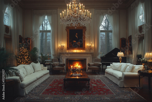 Elegant Living Room With Christmas Tree And Fireplace photo