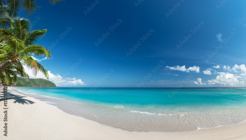 Beautiful tropical beach with palm trees, sunset beach seascape, design template for travel banner. Beautiful tropical beach with palm trees, sunset beach seascape, design template for travel banner.