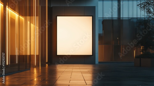 Isolated blank billboard on a modern building facade with illuminated windows at night.