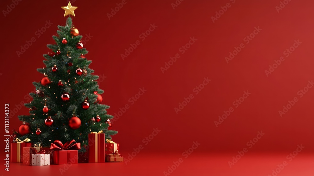 christmas tree with christmas toys, on a red christmas background, christmas tree with christmas toys, on a red christmas background,