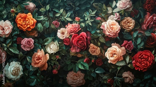 A Stunning Floral Wallpaper Brimming with Colorful Roses and Lush Greenery for Elegant Spaces