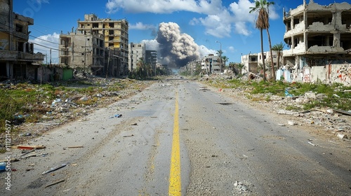nuclear war  military catastroph concept. Desolate cityscape with destroyed buildings and debris.