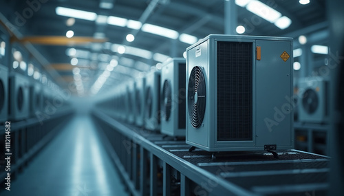 A highly detailed shot of HVAC units on an assembly line in a cutting-edge factory