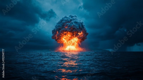 nuclear war  military catastroph concept. Explosion over dark ocean waters under a stormy sky.