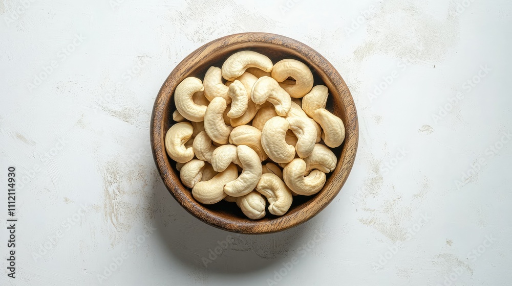 Fresh Raw Cashew Nuts in Wooden Bowl on Light Background Fresh Raw Cashew Nuts in Wooden Bowl on Light Background