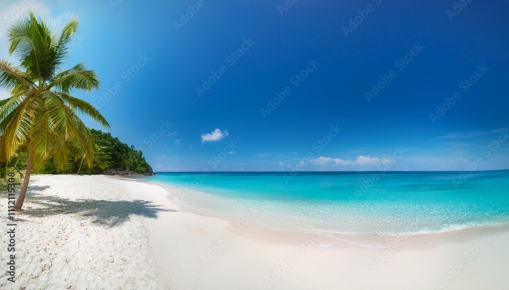 Beautiful tropical beach with palm trees, sunset beach seascape, design template for travel banner.