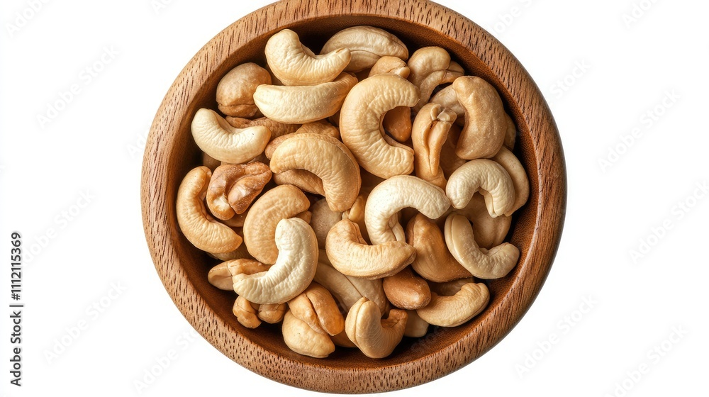 Raw unsalted cashew nuts in a wooden bowl on a white background Raw unsalted cashew nuts in a wooden bowl on a white background