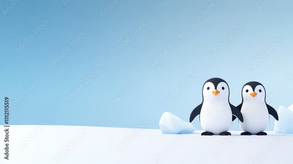 Obraz premium Two adorable penguins stand on a snowy landscape with ice chunks, against a serene blue sky